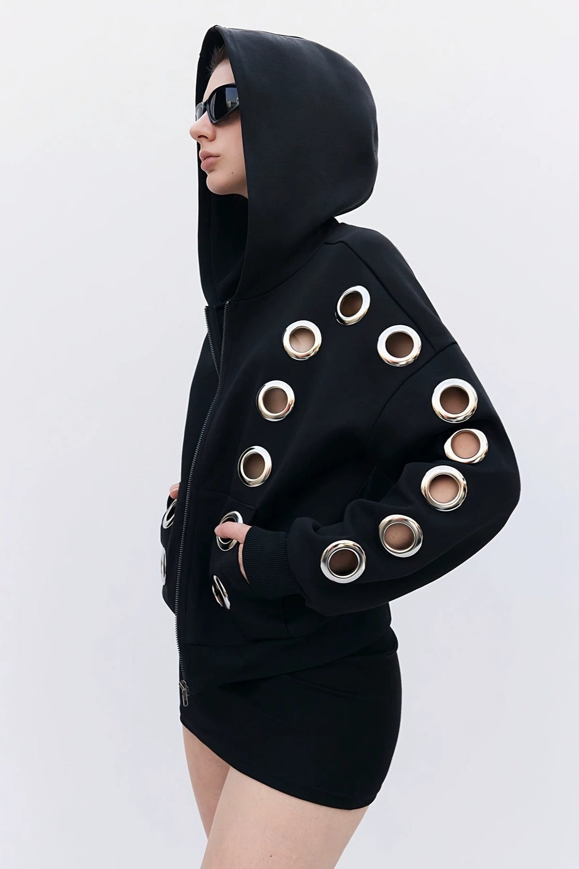 GothicPunkMetal Ring Cutout Zip Up Hoodie