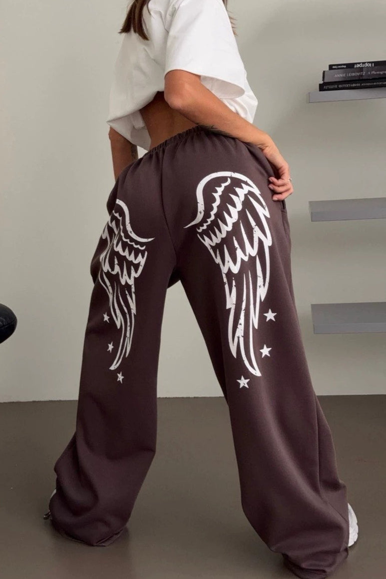 Wing Print High Waist Wide Leg Pants