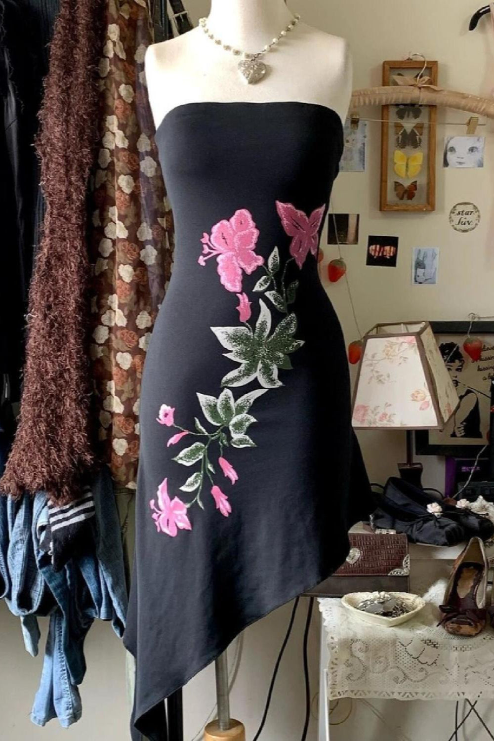 Black Floral Embroidered Asymmetric Tube Dress Secondary image