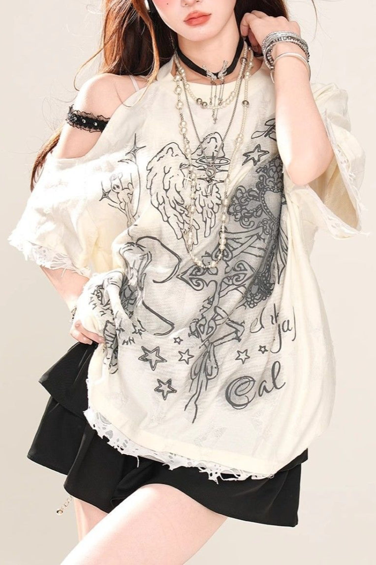 Lace Cold Shoulder Oversized T-Shirt