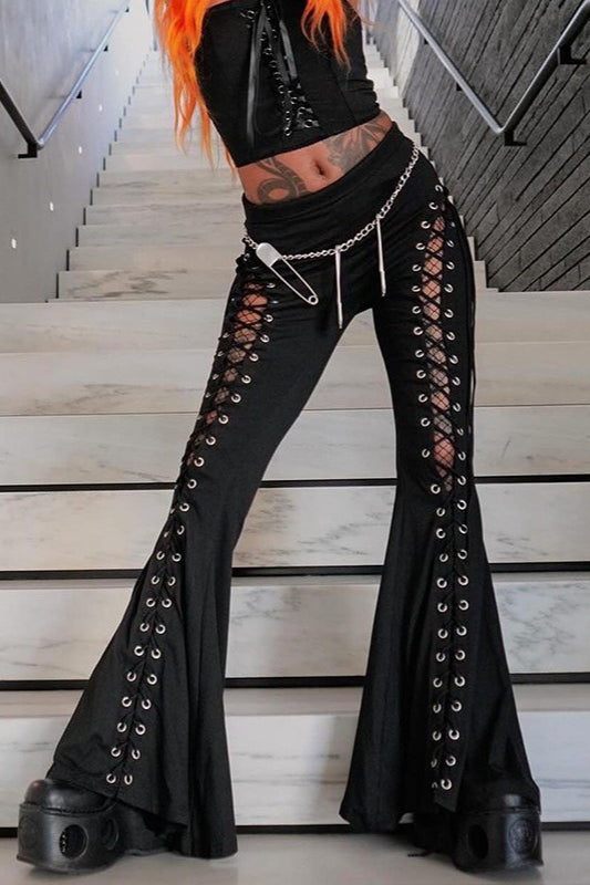 Lace Up Cutout Flared Pants
