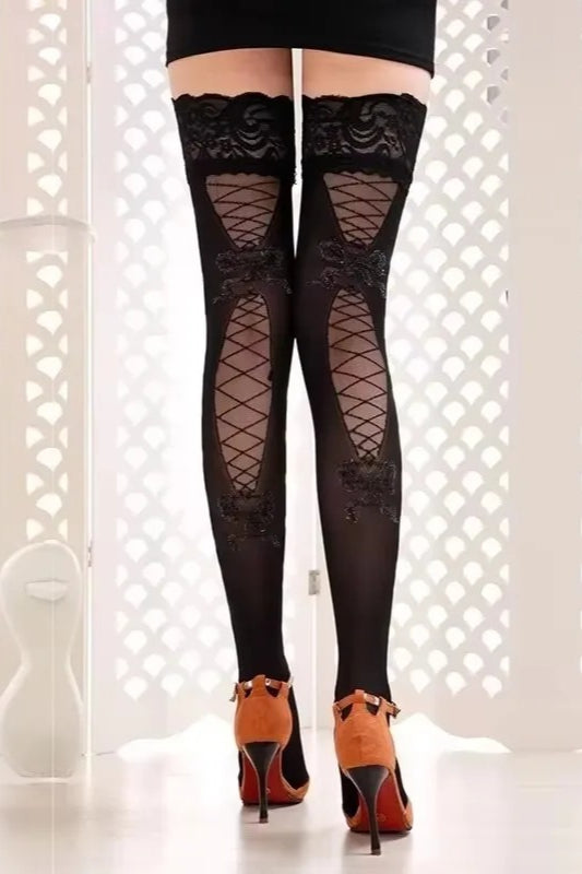 Black Lace Sheer Fishnet Thigh High Stay Up Socks Main image