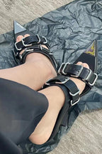 Pointed Multi-Buckle Wedge Mules