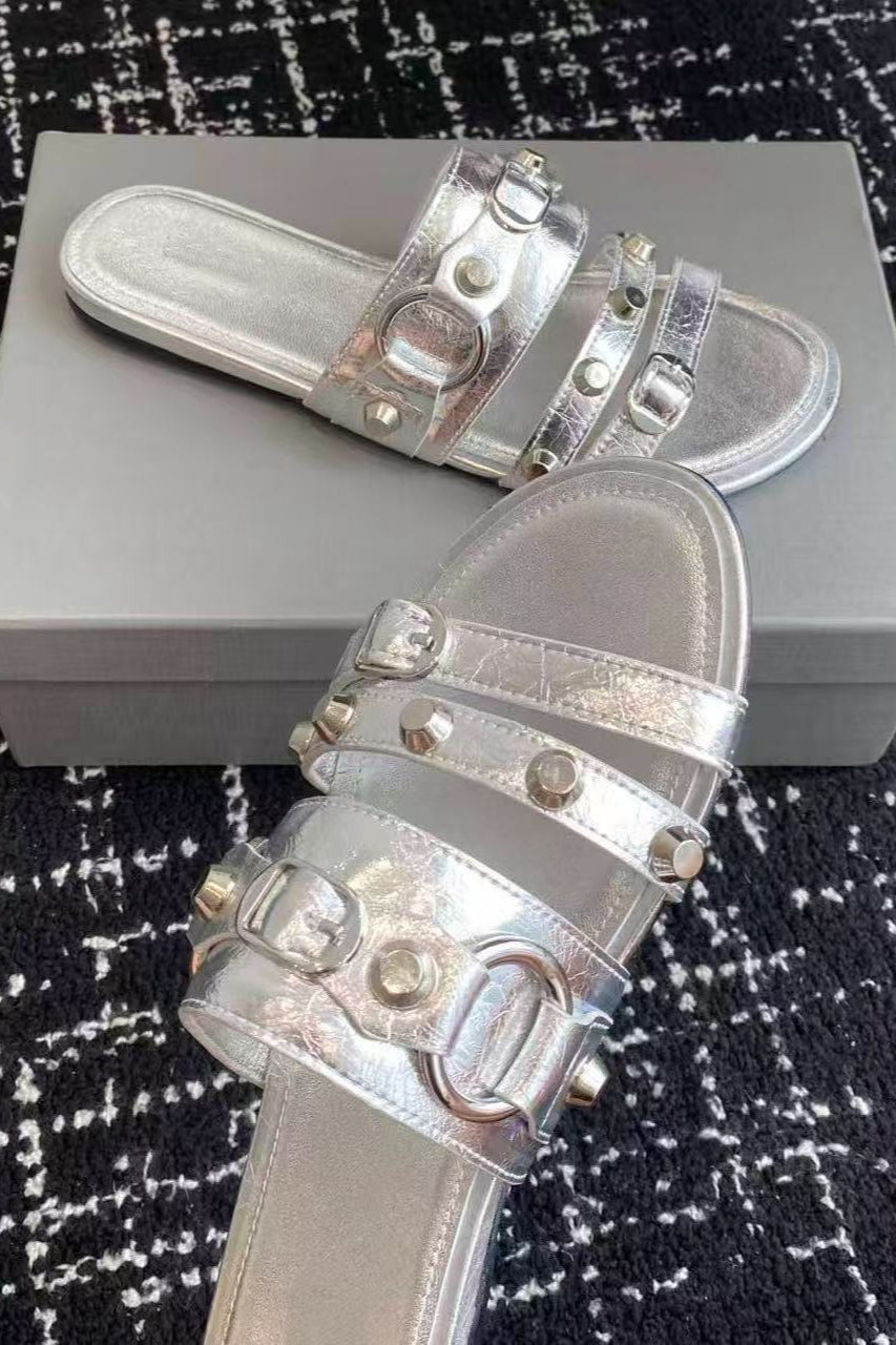 Multi-Buckle Studded Flat Slides