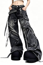Multi-Pocket Strap Cargo Jeans