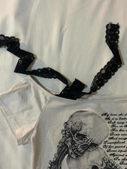 Retro Skull Print Y2K Lace-up Sheer T-shirt