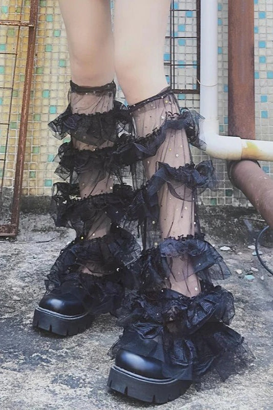 Kawaii Y2K Layered Mesh Ruffle  Leg Warmers