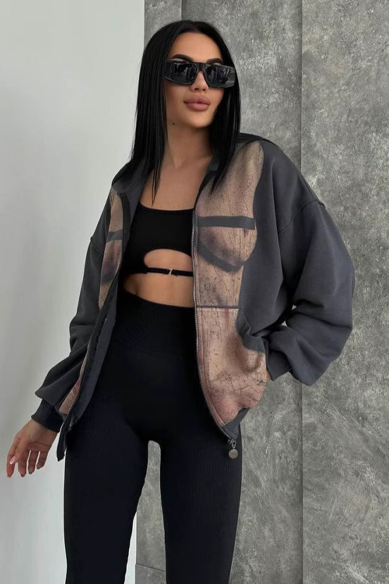 Graphic Print Zipper Hoodie Secondary image