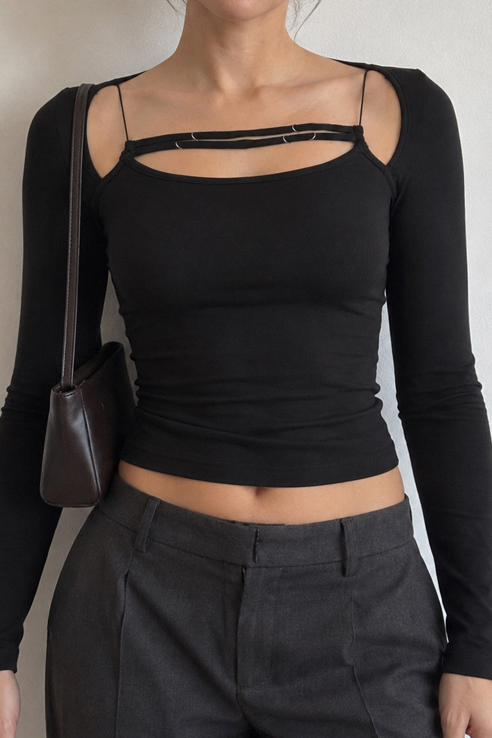 Strappy Cutout Long Sleeve Crop Tops