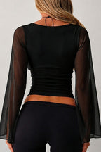 Sheer Sleeve V Neck Crop Tops