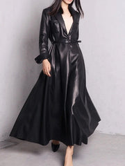 Skirted Maxi Length Leather Long Coat