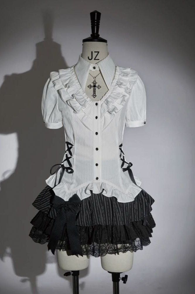 White Gothic Blouse And Tiered Mini Skirt Set