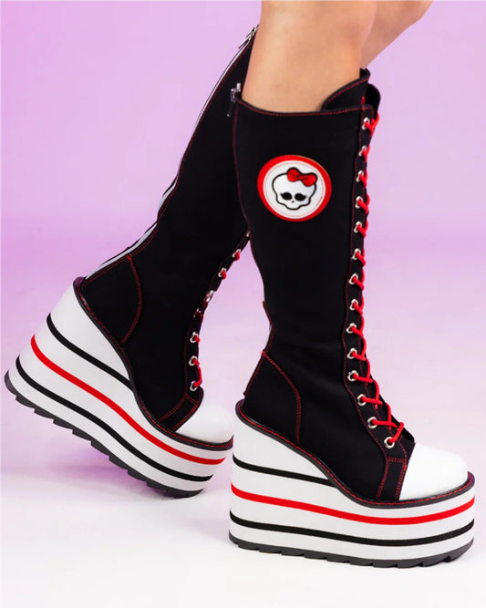 Black Red Canvas Gothic Knee High Platform Boot