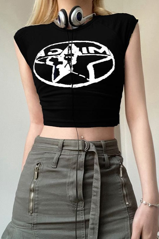 Dark Edgy Print Ruffle Sleeve Slim Crop Top Secondary image