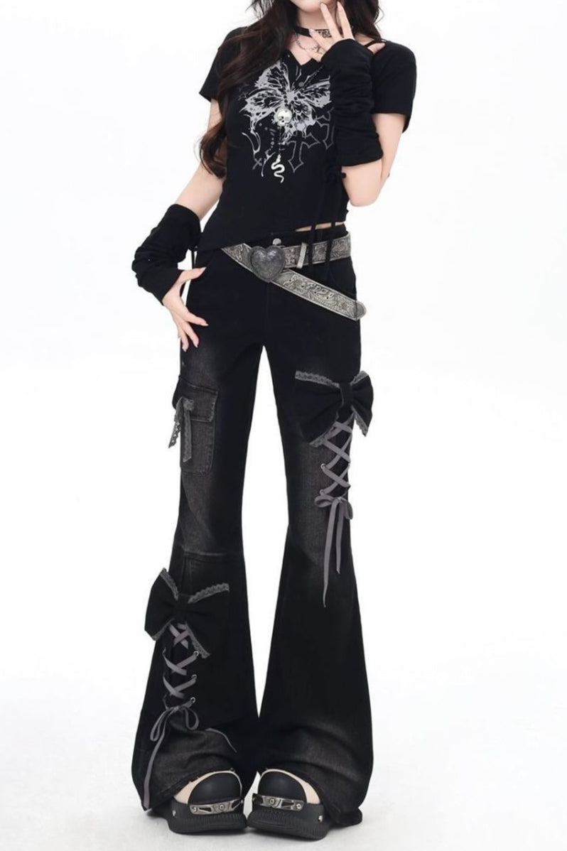 Bow Detail Flared Denim Pants