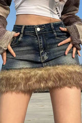 Washed Patchwork High Waist A-Line Skirt