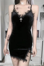 Black Cross Spaghetti Strap High Waist Slit Mini Dress