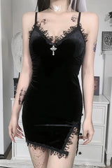 Black Cross Spaghetti Strap High Waist Slit Mini Dress