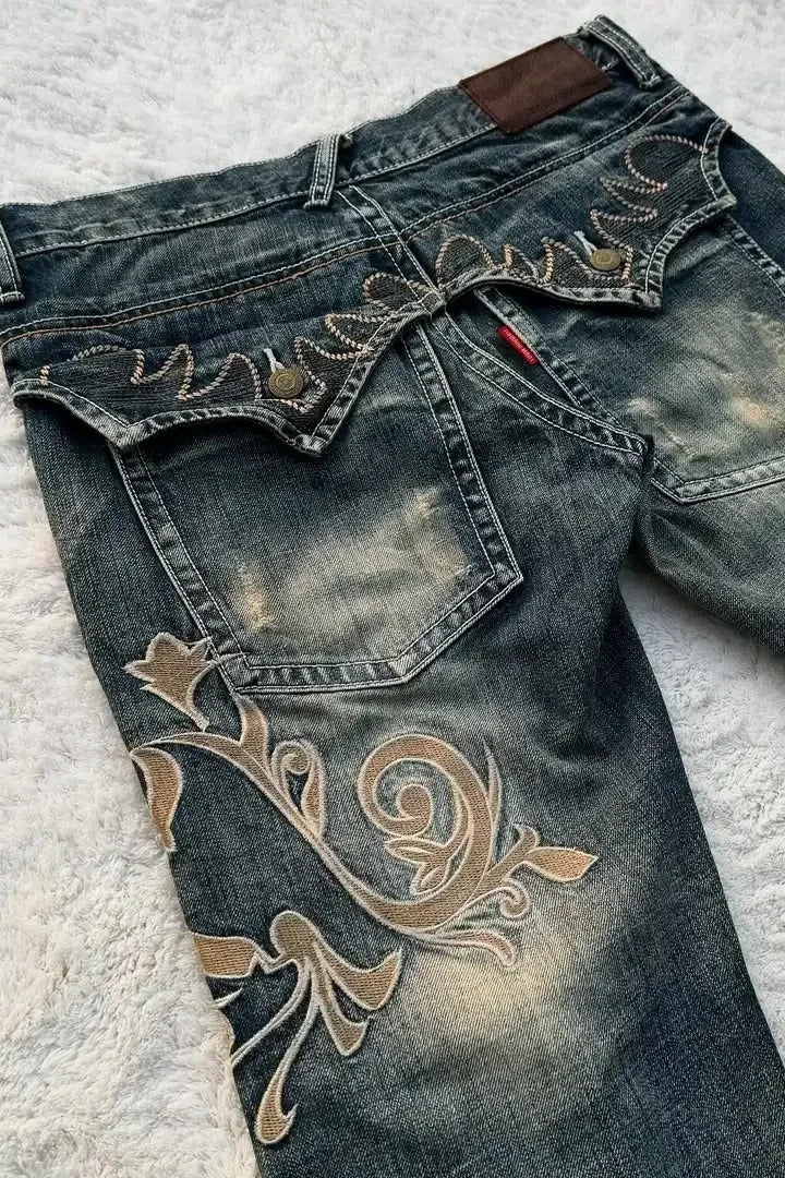 Retro Y2K Boho Tribal Embroidered Denim Pants Main image