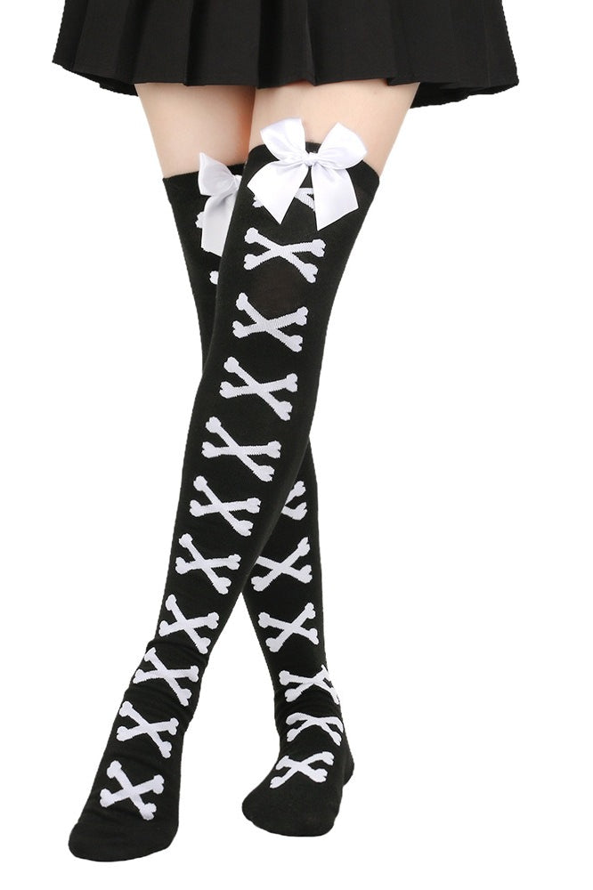 Bow Crossbones Over Knee Socks