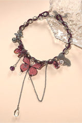 Pink Butterfly Tassel Pendant Leather Necklace