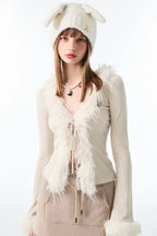 Lace Up V Neck Furry Plush Knit Top