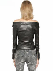 Off-Shoulder PU Leather Jacket