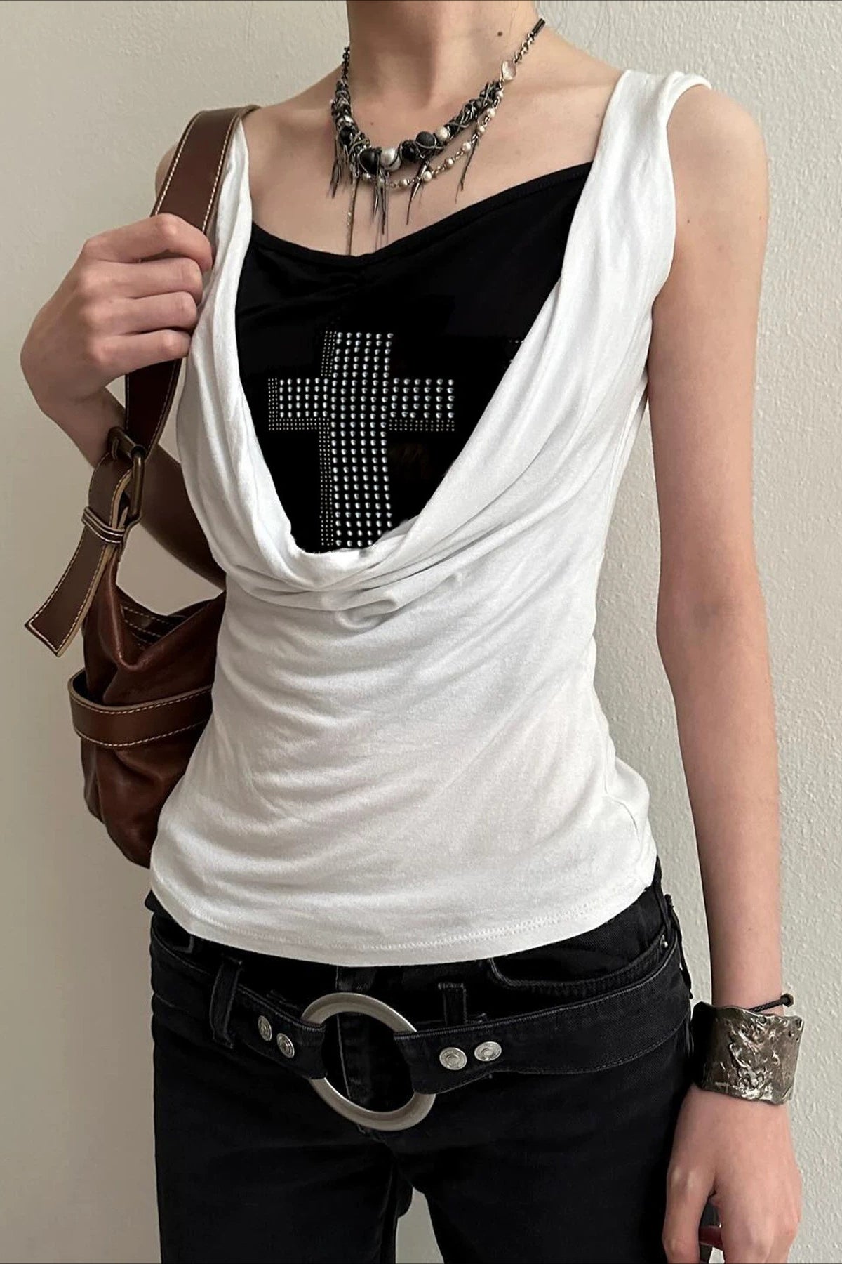 Cross Detail Draped Layered Tank Top Main image