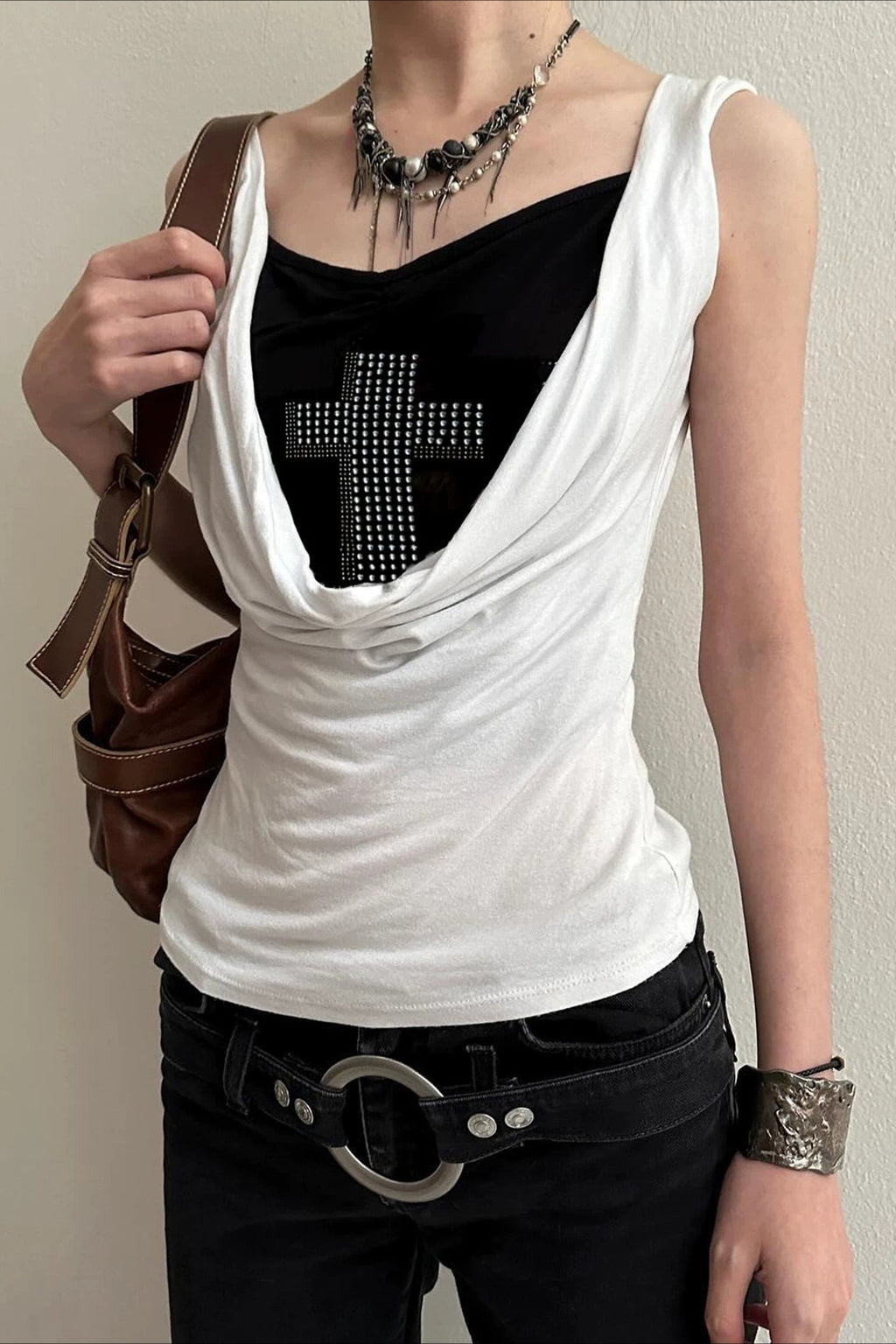 Cross Detail Draped Layered Tank Top
