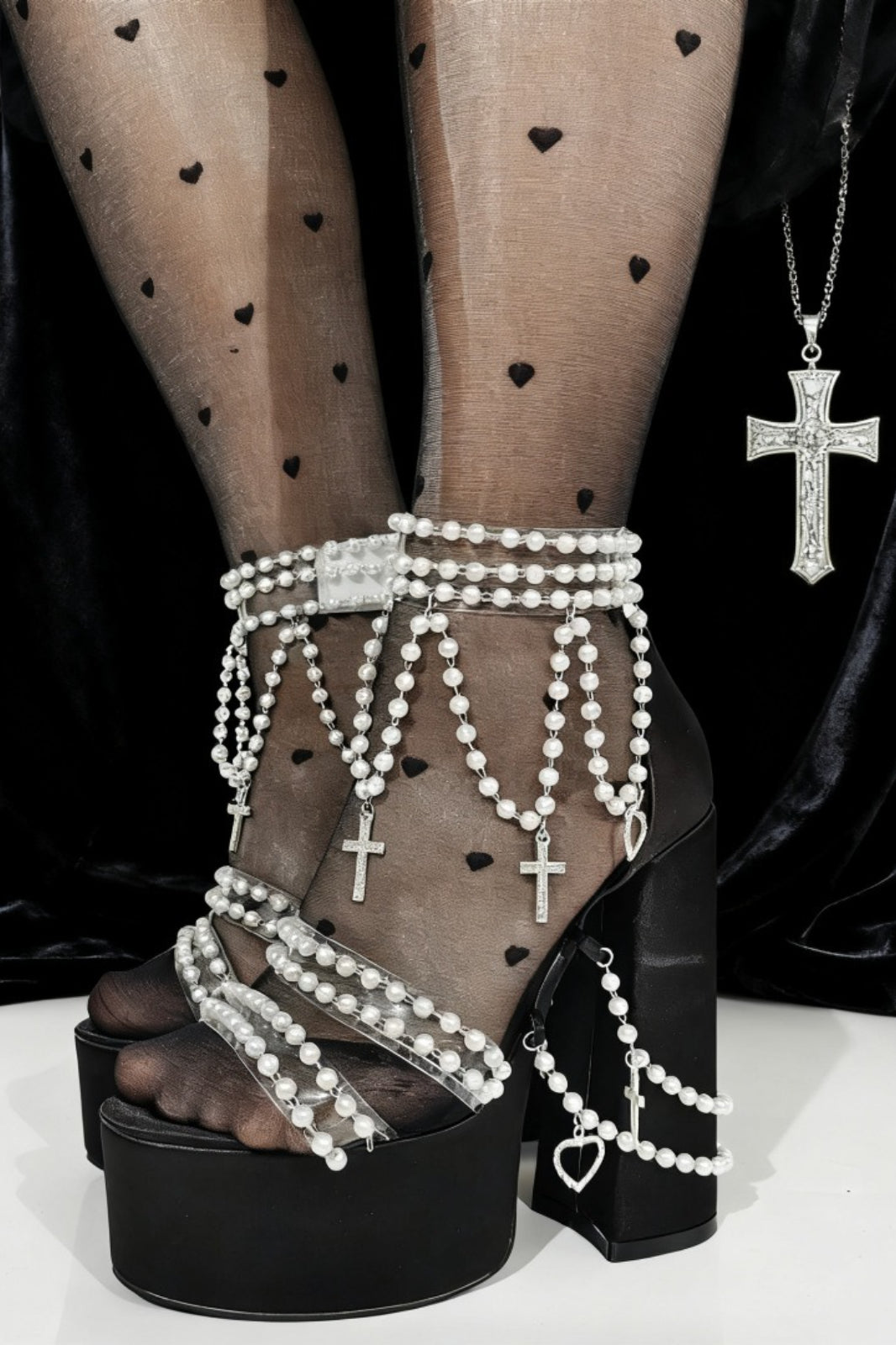 Pearl Chain Platform Block-Heel Sandals
