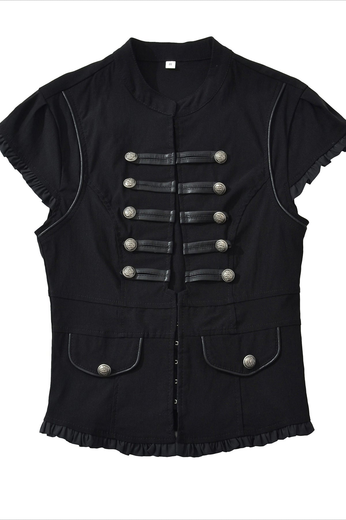 Military Button Ruffle Trim Fitted Top Main image