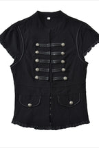 Military Button Ruffle Trim Fitted Top