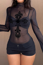 Sheer Cross Flared Sleeve Crop Tops