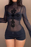 Sheer Cross Flared Sleeve Crop Tops