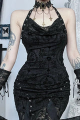 Goth Dark Flocking Print Halter Bandage Maxi Dress