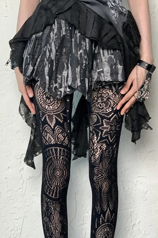 Gothic Retro Totem Sunflower Mesh Hollowed Jacquard Socks Secondary image
