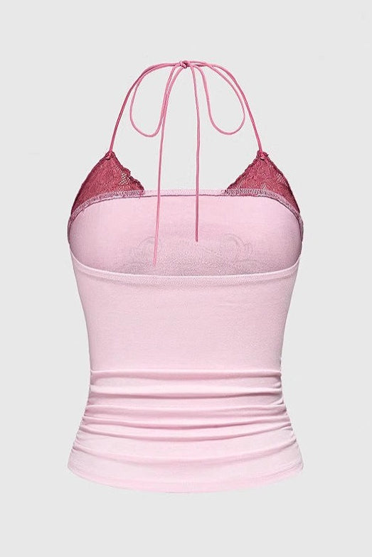 Vintage Lace Rose Print Fake Two-piece Halter Top