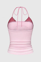 Vintage Lace Rose Print Fake Two-piece Halter Top