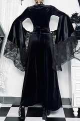 Halloween Gothic Vintage Velvet Spider Web Flare Sleeve Maxi Dress