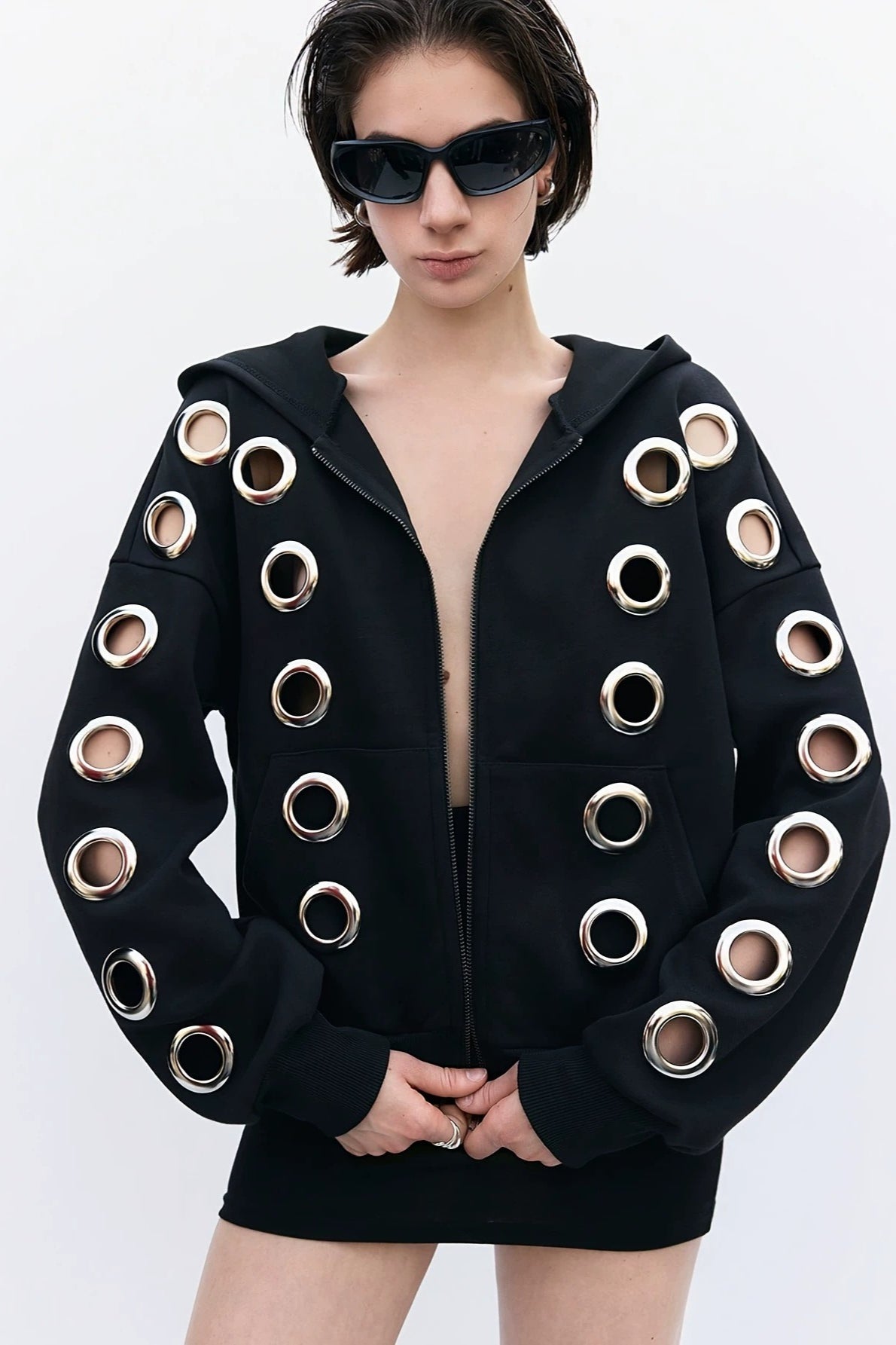 GothicPunkMetal Ring Cutout Zip Up Hoodie