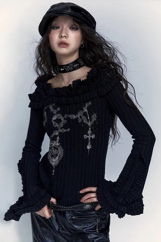 Grunge Punk Tattoo Print Black Knit Top