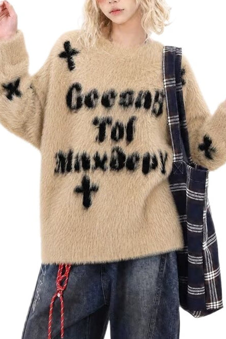 Fuzzy Letter Cross Motif Sweaters