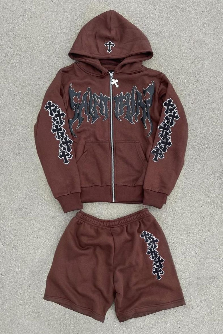 Graphic Zip Hoodie Shorts Sets