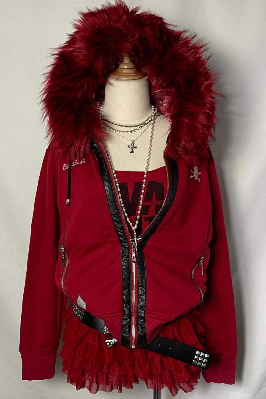 Gothic Cross Red Fur Trim Zip Hoodie Main image