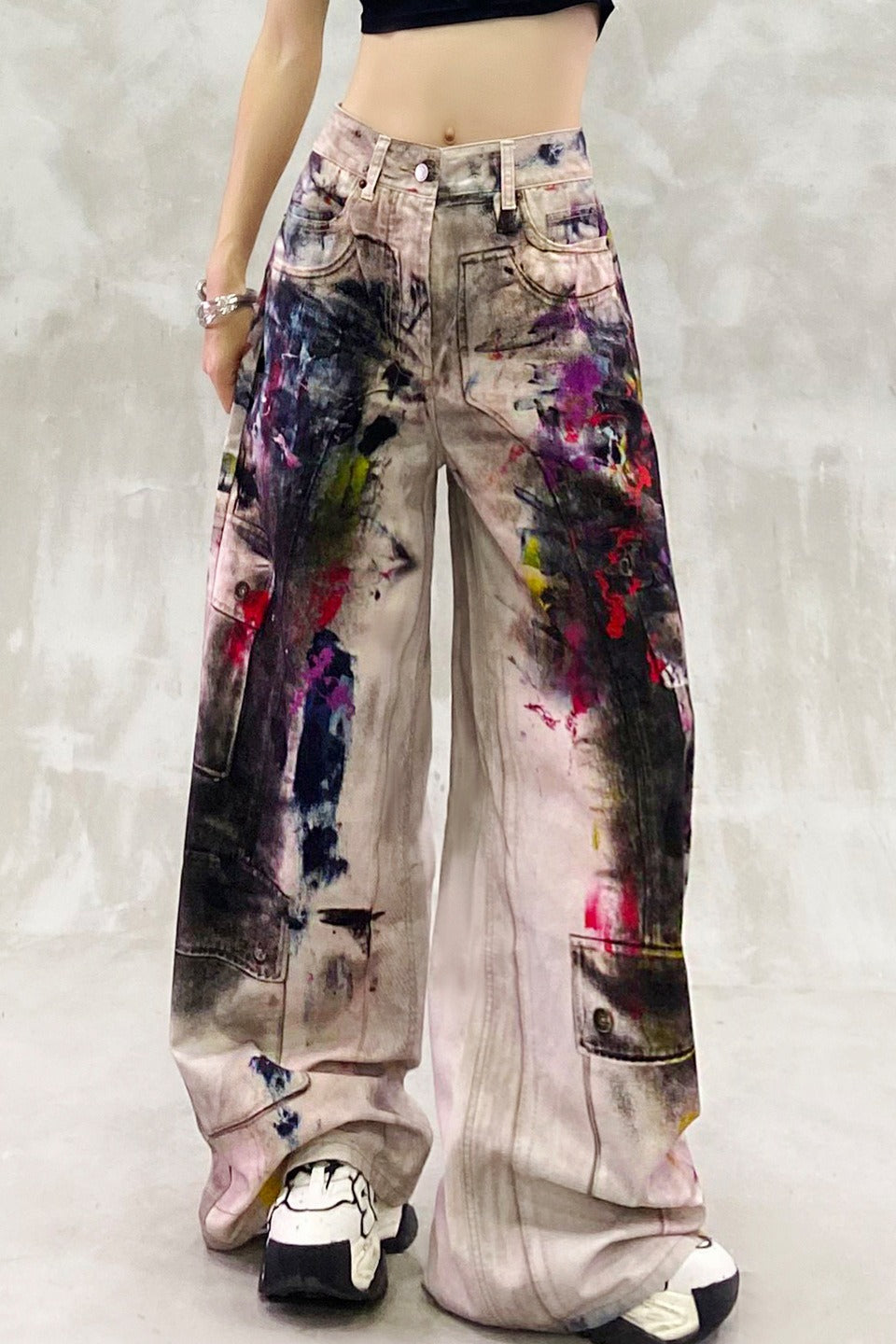 Retro Graffiti Print Denim Wide Leg Floor Pants Main image