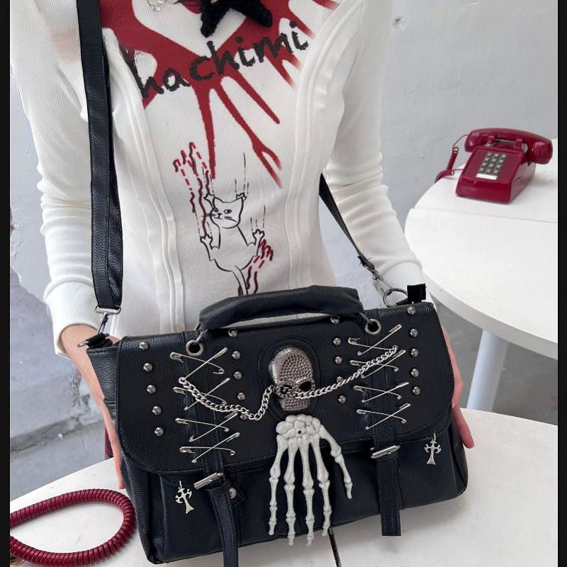 Gothic Lolita Harajuku Punk One Shoulder Y2K Rivet Chain Skull Bag Halloween