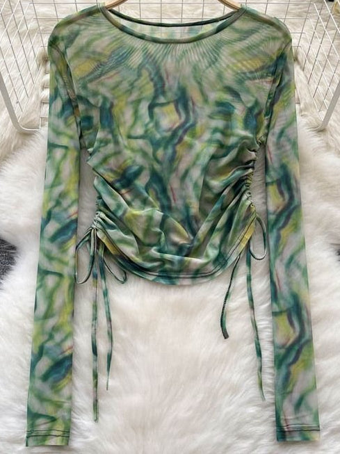 Cyber Tie Dye Drawstring Slim Long Sleeve Mesh Top Main image