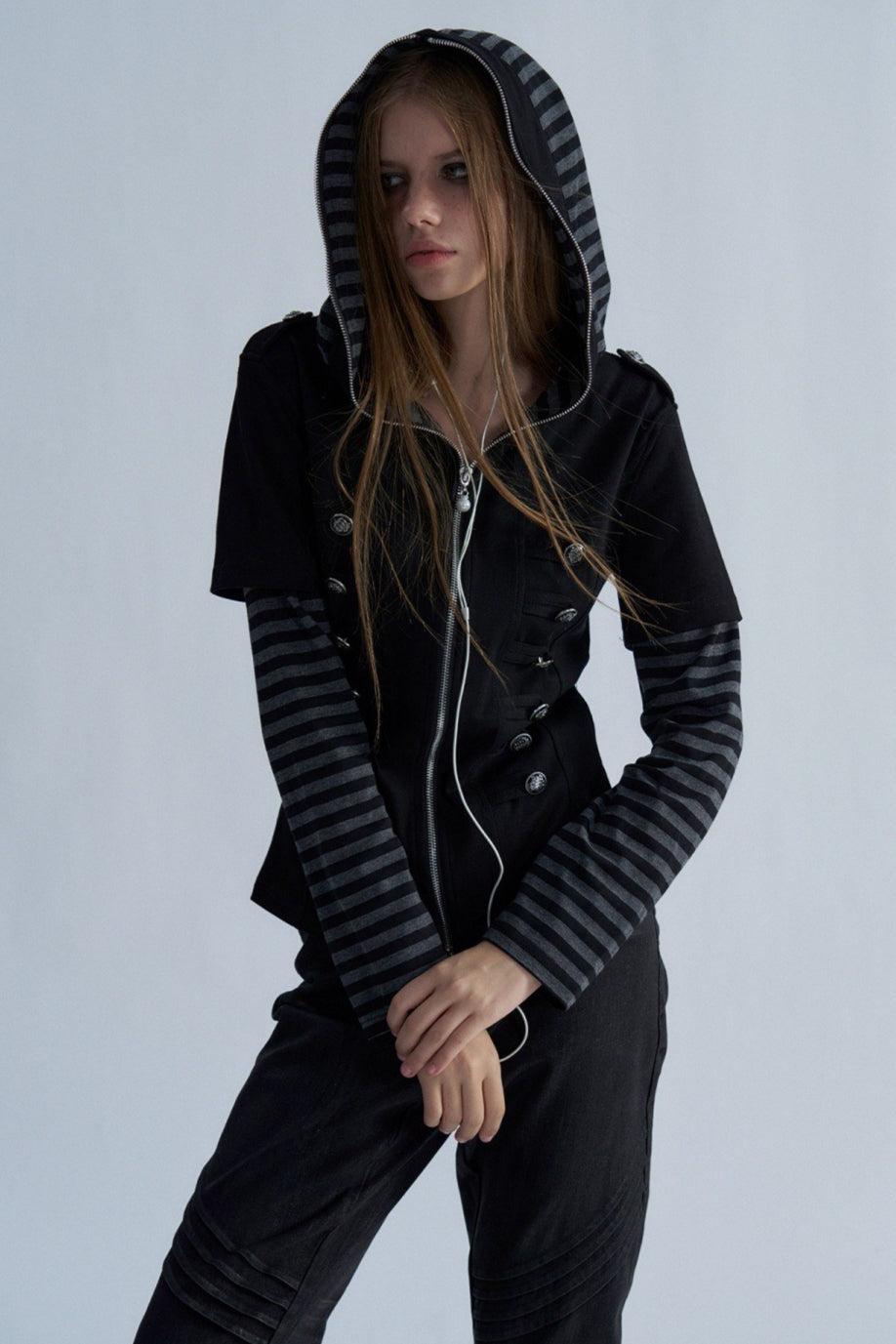 Button Front Layered Stripe Hoodies
