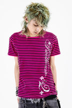 Striped Gothic Cross Printed Vintage Wash T-shirt