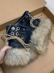 Y2K Low - Rise Slim Denim Fuzzy Shorts